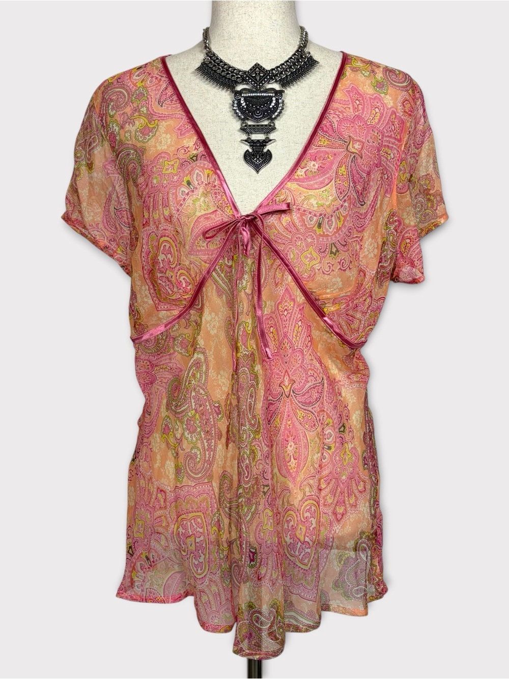 Y2k Fashion Bug Sheer Silk Babydoll Top XL Paisley Fairy Grunge Coquette Boho